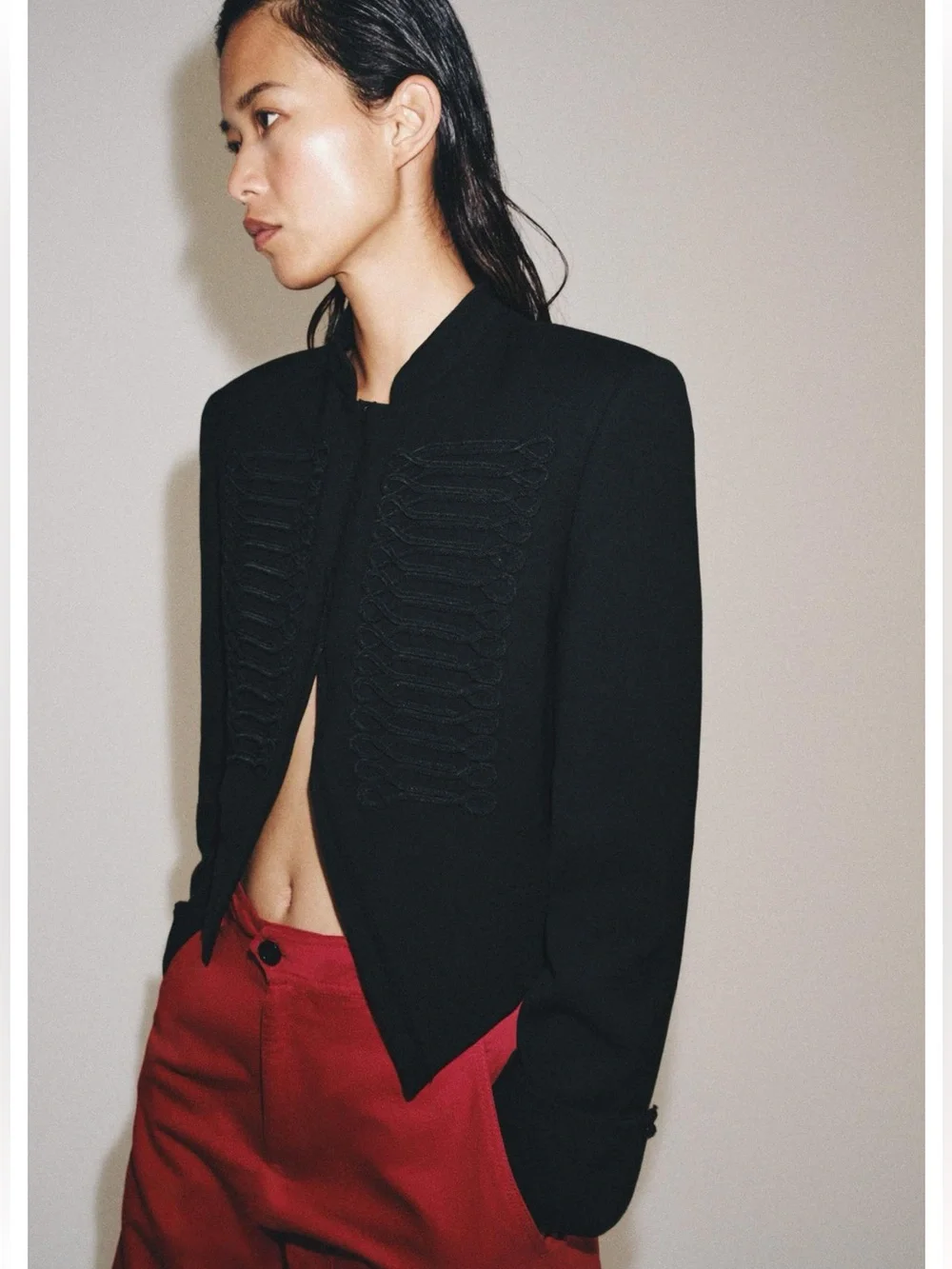 Zara ZW Collection Frog Clasp Blazer in black, featuring a high stand-up collar